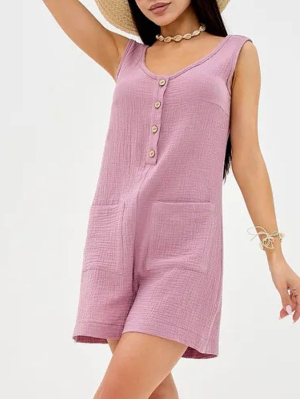 💖Hello Gorgeous! COTTON Casual Button-Down Sleeveless Romper w/pockets